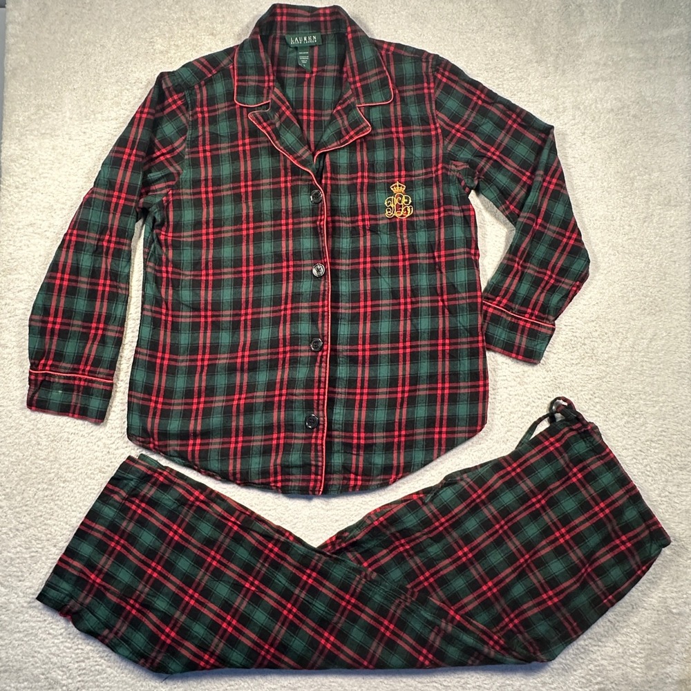 Lauren Ralph Lauren Plaid‎ Pajama Set Top Pants Flannel Red Green Women's L LRL